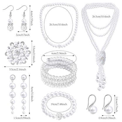 Pearl Jewelry Set for Women Faux Pearl Costume Jewelry Set with Necklace, Bracelets, Ring, Earrings for Wedding Bridal Birthday Tea Party - color: 8Pcs White