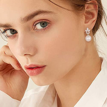 EleQueen Women's Simulated Pearl Wedding Jewelry Set for Brides | Cubic Zirconia Necklace Earrings Bracelet Set for Brides Bridesmaids, Bridal Jewelry Set for Anniversary/Memorial Day - style: Silver-Plated-Brass Pearl Earrings Set