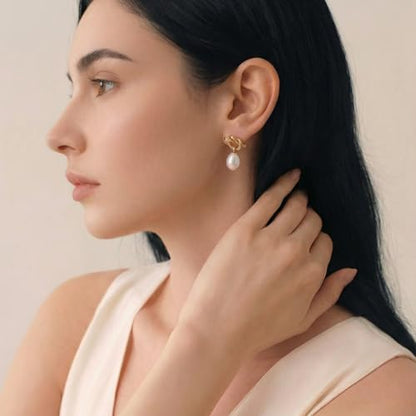 Pearl Earrings VeroSteel Dangle Earrings for Women, Dainty 14k Gold Huggie Hoop Earrings with Pearls, Trendy Pearl Drop Earrings, Stainless Steel Hypoallergenic Stud Earrings For Sensitive Ears - style: Cute Knot B