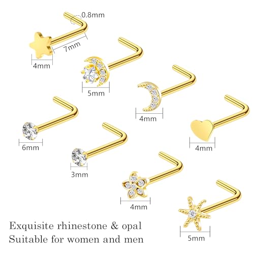 27-60 Pcs Nose Rings for Women Nose Piercing Jewelry Silver Nose Rings Studs 20G Surgical Nose Rings Hoops Nose Rings L Shaped Studs Screw Stainless Steel Nose Piercings for Women Men - color: gold-20G-14 pcs