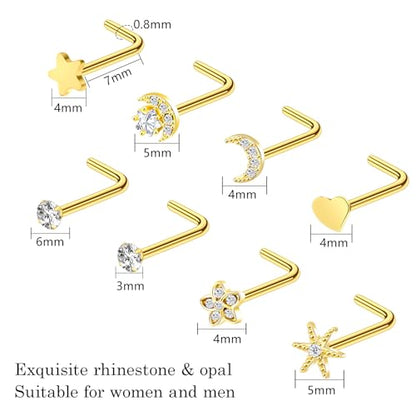 27-60 Pcs Nose Rings for Women Nose Piercing Jewelry Silver Nose Rings Studs 20G Surgical Nose Rings Hoops Nose Rings L Shaped Studs Screw Stainless Steel Nose Piercings for Women Men - color: gold-20G-14 pcs