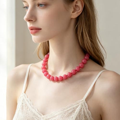 Chunky Beaded Necklace for Women 16mm Round Bead Resin Modern Statement Necklace Jewelry Accessories - color: rose red