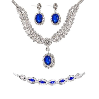 3-Piece Royal Blue Bridal Jewelry Sets Necklace Earrings Bracelet for Women Wedding Prom Accessories