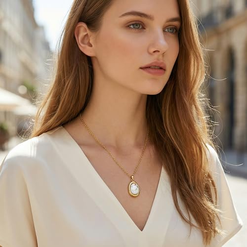 Colorful Natural Stone Necklaces for Women Trendy 14K Gold Plated Oval Gemstone Pendant Statement Necklace Jewelry Gifts for Women - color: White