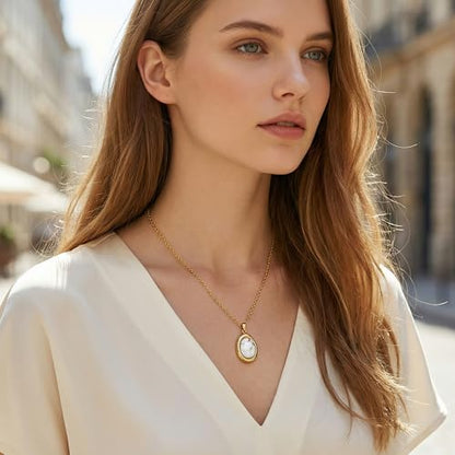 Colorful Natural Stone Necklaces for Women Trendy 14K Gold Plated Oval Gemstone Pendant Statement Necklace Jewelry Gifts for Women - color: White