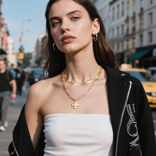 Chunky Cross Necklace for Women,Gold Silver Layered Hammered Cross Pendant Necklace Statement Paperclip Toggle Charm Chain Herringbone Snake Choker Christian Jewelry Outfit Accessories - color: BGold Set