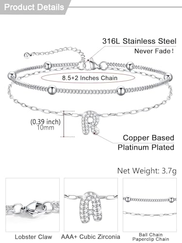 U7 Initial Ankle Bracelets for Women Silver/Gold Anklets Waterproof, 14K Gold Plated Layered Anklets Bracelet Stainless Steel Hypoallergenic 8.5"-10.5" - color: Silver-CZ, size: R