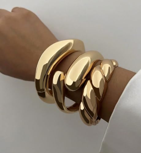 Chunky Gold Bangle Bracelets for Women, Dainty 14k Gold Plated Big Stackable Bangles Set, Trendy Statement Cuff Bracelet Stack Fashion Jewelry Gifts - style: A4-gold