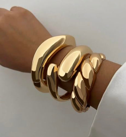 Chunky Gold Bangle Bracelets for Women, Dainty 14k Gold Plated Big Stackable Bangles Set, Trendy Statement Cuff Bracelet Stack Fashion Jewelry Gifts - style: A4-gold