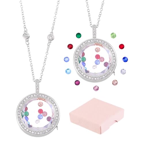 13Pcs Heart Floating Locket Pendant Necklaces Golden Locket Pendant Necklace Memory Metal Necklace with Colorful Glass Cabochons 18.11 inch Long for Women Friendship Memory Nostalgic - color: Platinum Round