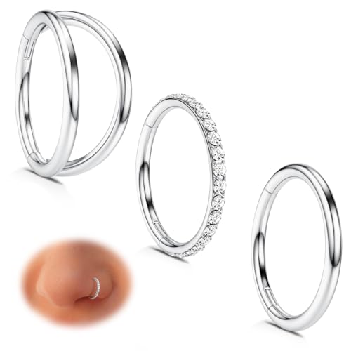WBRWP Nose Rings Hoops for Women: 316L Surgical Steel Double Hoop Nose Rings Hinged CZ Septum Clicker Conch Cartilage Helix Rook Tragus Daith Earring Hoops Piercing Jewelry - color: Silver, size: 14G 6mm