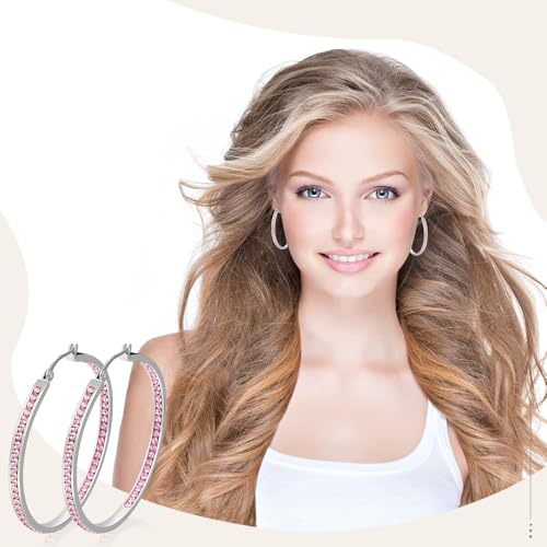 2 Inch Earrings for Women, Large Hoop Earrings for Women Rhinestone Crystal Stainless Steel Earrings - color: Pink