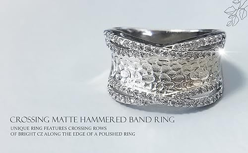 Bling Jewelry Personalized Modern Criss Cross Style CZ Accent Band Fashion Statement Brushed Hammered Matte Finish Wide Band Ring Silver Plated Brass