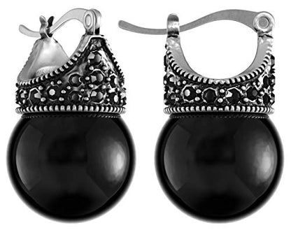 Glass Pearl Earrings Crystal Accent Crown Shape for Wedding, Bridal, Formal & Fashion - color: Black