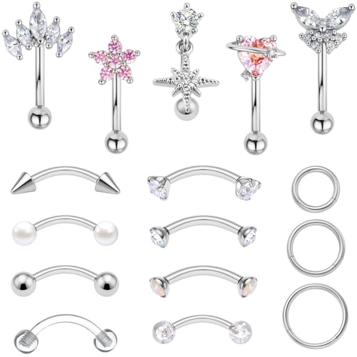Rook Eyebrow Piercing Jewelry Surgical Stainless Steel Vertical Labret Lip Jewelry Gold Silver 16G Curved Barbell Cartilage Helix Conch Tragus Daith Hoop Earrings for Women - color: Silver Tone