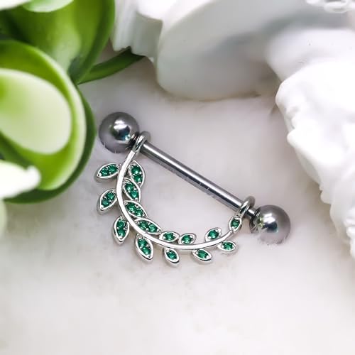 2pcs 14G Nipple Rings Flower Nipple Bars Surgial Steel 316L Nipple Piercing Jewelry Heart Nipple Barbell for Women - color: green leaf