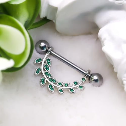 2pcs 14G Nipple Rings Flower Nipple Bars Surgial Steel 316L Nipple Piercing Jewelry Heart Nipple Barbell for Women - color: green leaf