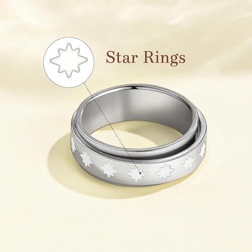 Fidget Anxiety Rings for Women 14K Gold Silver Plated Spinner Band Ring 8mm Thick Stainless Steel Statement Rings Jewelry Gifts Size 6-10 - color: Silver-Star