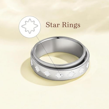 Fidget Anxiety Rings for Women 14K Gold Silver Plated Spinner Band Ring 8mm Thick Stainless Steel Statement Rings Jewelry Gifts Size 6-10 - color: Silver-Star