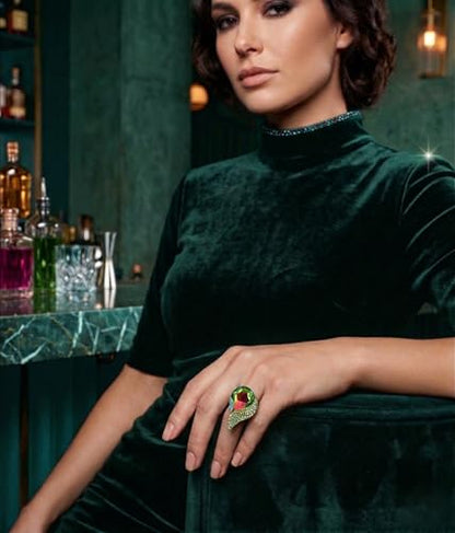 NYFASHION101 Radiant Teardrop Stone Adjustable Cocktail Statement Ring - color: Curvy Green Tint Aurora Borealis/Gold-Tone