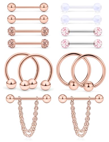 Hoeudjo 14Pcs 14G Surgical Steel Chain Dangle Nipple Rings Barbell Piercing Jewelry Retainer for Women - color: 7 Pairs/14G/Rose Gold
