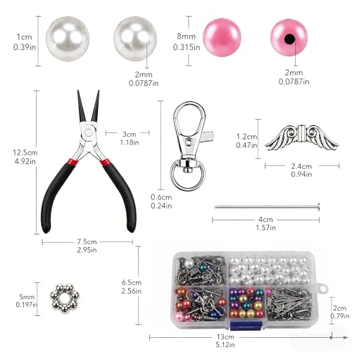Metacipher 180Pcs DIY Angel Keychain Making Kit with Beads and Pliers ﻿ | Angel Wing Spacers,Pearl Beads,Lobster Clasps,DIY Bag Charm, Jewelry Making Supplies,Party Favor,Crafts for Women - color: White Pearl