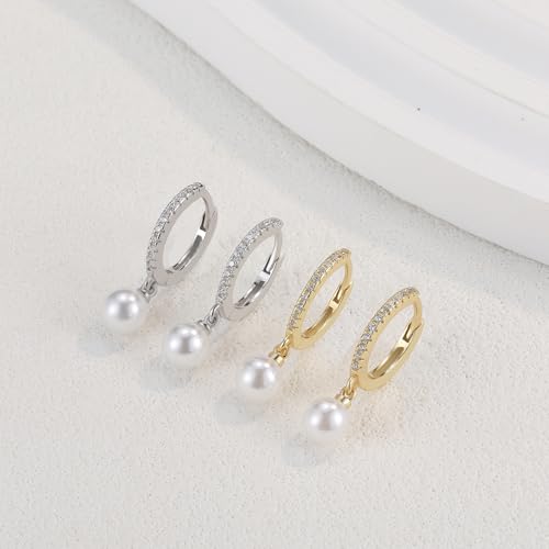 Solid 925 Sterling Silver Faux Pearl Dangle Hoop Earrings for Women, Dainty Drop Huggie Earrings with Charm Jewelry Gift for Her - color: Silver