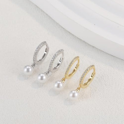 Solid 925 Sterling Silver Faux Pearl Dangle Hoop Earrings for Women, Dainty Drop Huggie Earrings with Charm Jewelry Gift for Her - color: Silver