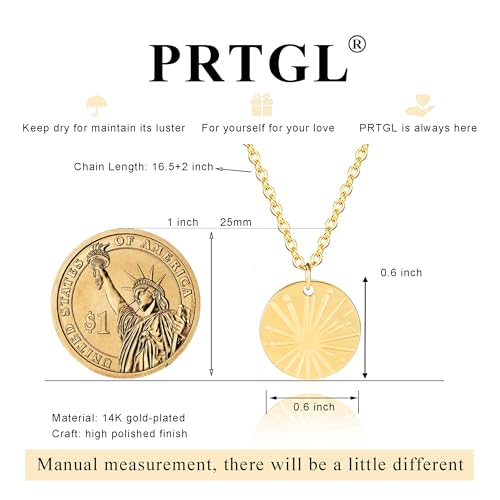 Dainty Gold Necklace: 14k Gold Plated Dianty Boots Bow Sun Moon Horse Evil Eye Conch Seahorse Necklace for Women 16.5"+2" - color: Sunshine Coin