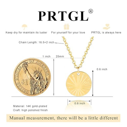 Dainty Gold Necklace: 14k Gold Plated Dianty Boots Bow Sun Moon Horse Evil Eye Conch Seahorse Necklace for Women 16.5"+2" - color: Sunshine Coin