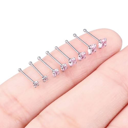 Hoeudjo Hypoallergenic Nose Rings Studs 24G Surgical Stainless Steel Cubic Zirconia Nose Studs for Women Men Screw & Bone & L Shaped Nostril Piercing Jewelry with 1.5mm 2mm 2.5mm 3mm CZ - color: silvertone(pink CZ),nose bone studs