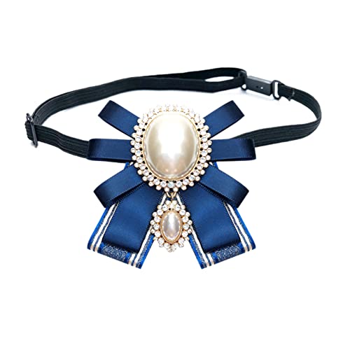 FASELE Bow Brooch Pre-Tied Neck Tie Pearl Brooch Pin Striped Bow Tie for Women Wedding Party Bow Tie - color: Blue/Adjustable