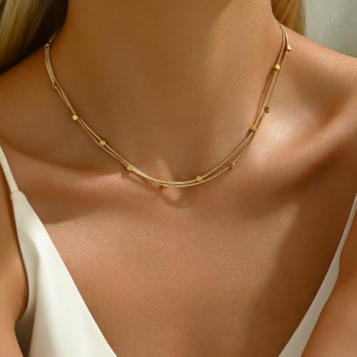 18K Gold Plated Layered Herringbone Necklaces for Women Dainty Layering Beaded Snake Chain Choker Moon Coin Pendant Necklace Trendy Stainless Steel Jewelry - color: Double Square-Gold