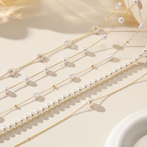 Ritach Pearl Necklaces for Women - Real Gold Plated Dainty Pearl Necklace Daisy Round Drop Pearl Choker Necklace Layered Gold Necklace for Women Teen Girls Bridesmaid Wedding Birthday Gifts - style: Gold-CZ Round Pearl