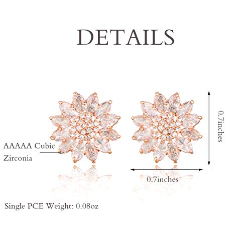 Crystal Flower Burst Stud Earirings - Big Sterling Silver CZ Cubic Zirconia Rhinestone Daisy Sunflower Floral Cluster Studs Bridal Wedding Party Prom Costume Jewelry for Bride Bridesmaids Women Birthstone Birthday Gift - color: Rose Gold