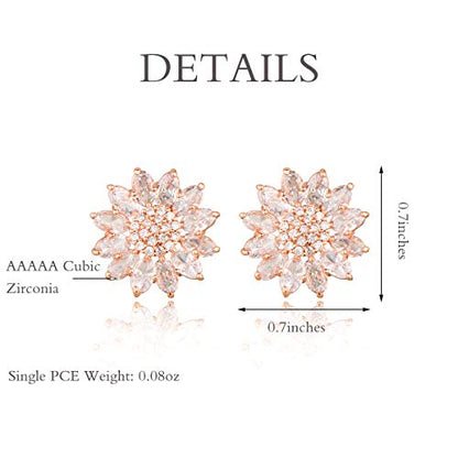 Crystal Flower Burst Stud Earirings - Big Sterling Silver CZ Cubic Zirconia Rhinestone Daisy Sunflower Floral Cluster Studs Bridal Wedding Party Prom Costume Jewelry for Bride Bridesmaids Women Birthstone Birthday Gift - color: Rose Gold