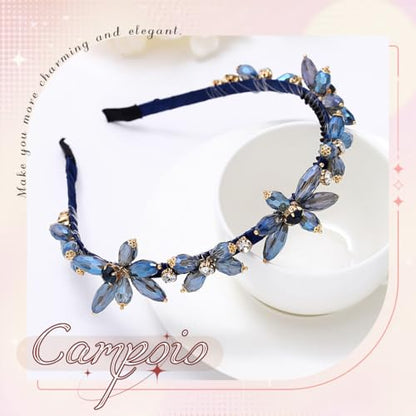 Campsis Blue Crystal Floral Hair Band Bridal Rhinestone Headband for Women | Sapphire Hair Band Jeweled Sparkly Headpiece Prom Banquet Hair Accessory