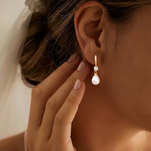 Pearl Earrings for Women, 14k Drop Earrings Gold Earrings for Women Trendy Dainty CZ Long Pearl Dangle Earrings Cute Prom Wedding Earring Dangling Bridal Jewelry Gifts
