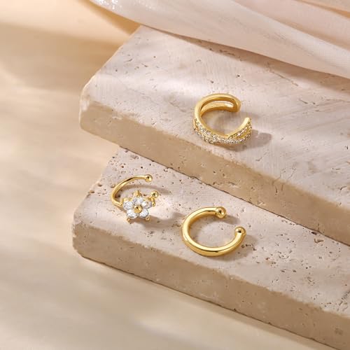 14K Gold Plated Ear Cuff Earrings for Women, Dainty Ear Cuffs Clip on Earrings Non Piercing Trendy Cubic Zirconia Cartilage Hoop Earring Fashion Jewelry Sets for Women - color: 3PCS/5 Flower
