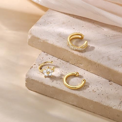 14K Gold Plated Ear Cuff Earrings for Women, Dainty Ear Cuffs Clip on Earrings Non Piercing Trendy Cubic Zirconia Cartilage Hoop Earring Fashion Jewelry Sets for Women - color: 3PCS/5 Flower