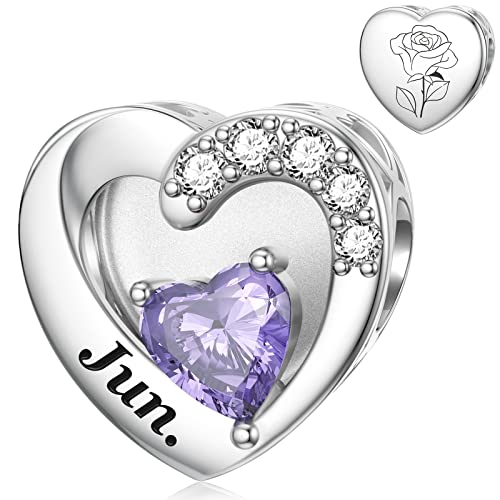 SEVENWELL Jan-Dec Birthstone Charms for Pandora Bracelets, Heart Charm | Fits Most European Charm Bracelets, Sparkling Heart CZ, Birth Flower Engraved, Gift Ready, Nickel-Free - color: June Birthstone Charm