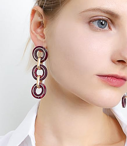 Ozel - Natural Wooden Acrylic Boho Drop Dangle Earrings for Women - Geometric Statement Jewellery - Brown, Black, Magent Red, Olive Green, White beige - color: 3Circle_Magenta