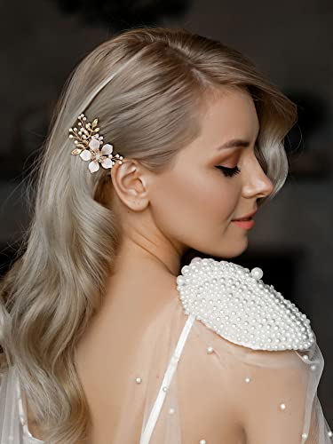 SWEETV Gold Bridal Hair Clip,Floral Bridal Hair Comb Barrette Flower Hair pieces for Brides Wedding - color: Gold-C