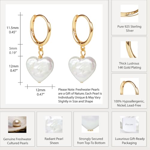 LILY LUSTRE 14k Gold Plated/Filled 925 Sterling Silver Handpicked AAAA Quality Natural White Freshwater Cultured Heart Shaped Pearl Huggie Hoop/Leverback Drop Dangle Earrings for Women - color: Gold Hoop