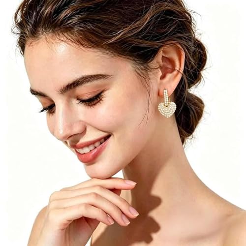 Pearl Hoop Earrings for Women | Unique Mismatched Gold and Silver Plated Pearl and Heart Dangle Earrings | Statement Hammered Gold Huggie Y2k Aesthetic Earrings