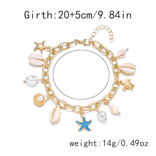 Starfish Mermaid Anklets Bracelets for Women Waterproof Gold Beaded Seashell Starfish Anklets Bohemian Summer Surf Stackable Anklet Bracelet Hawaiian Mermaid Jewelry Outfits for Women - style: Chain Starfish