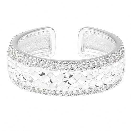 Heavy Solid 925 Sterling Silver, Band Ring for Women, Adjustable (Sizes 6–9) Open, weight 3.7g, Statement Ring with Dual Micro-Pave Stones - color: Silver