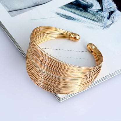 Layered Wire Open Cuff Bracelets for Women Chunky Gold Stacking Statement Bracelets Geometric Lines Minimalist Bangle Trendy Party Wrist Jewelry Gifts - color: Gold