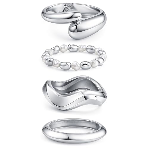 MOZAKA 4PCS Chunky Gold Bangle Bracelets for Women | Trendy Wide Wrist Cuff Bracelets Stack Statement Bangle Fashion Jewelry Gift - color: silver