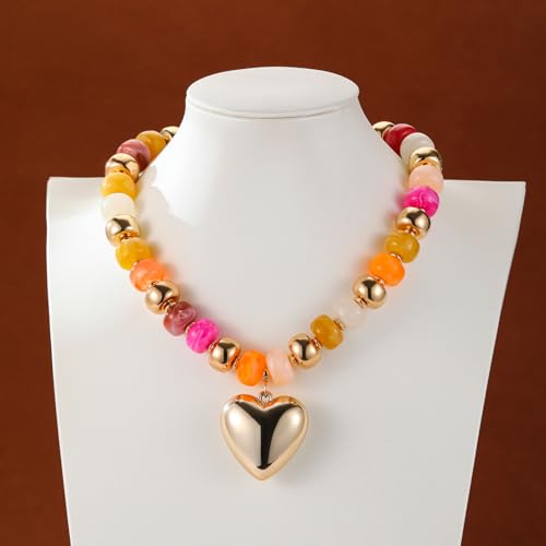 Resin Chunky Colorful Beaded Necklace | Adjustable Boho Statement Necklace,Summer Beach Party Jewelry - color: Heart+Colorful